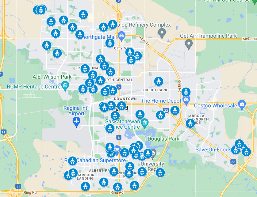 Distribution of daycares included in the Regina daycare reviews 2022 study