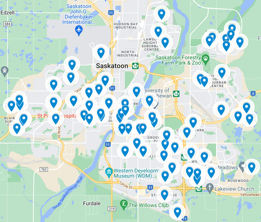 Distribution of daycares included in Saskatoon daycare reviews 2022 study.