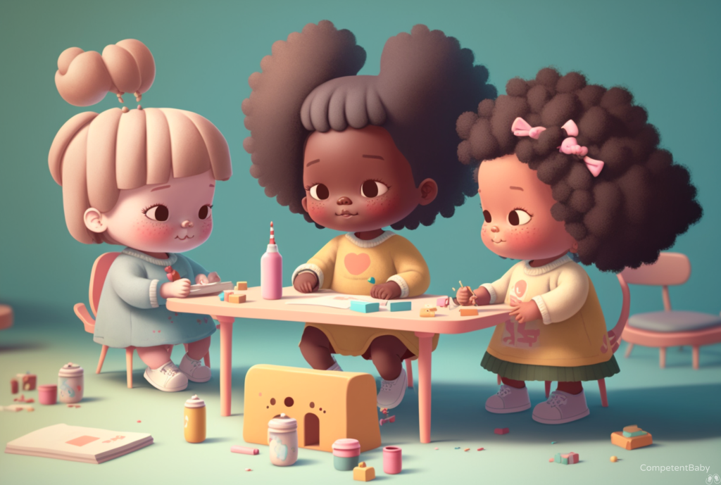 Children/babies carrying out activities at a table. Drawing, painting.