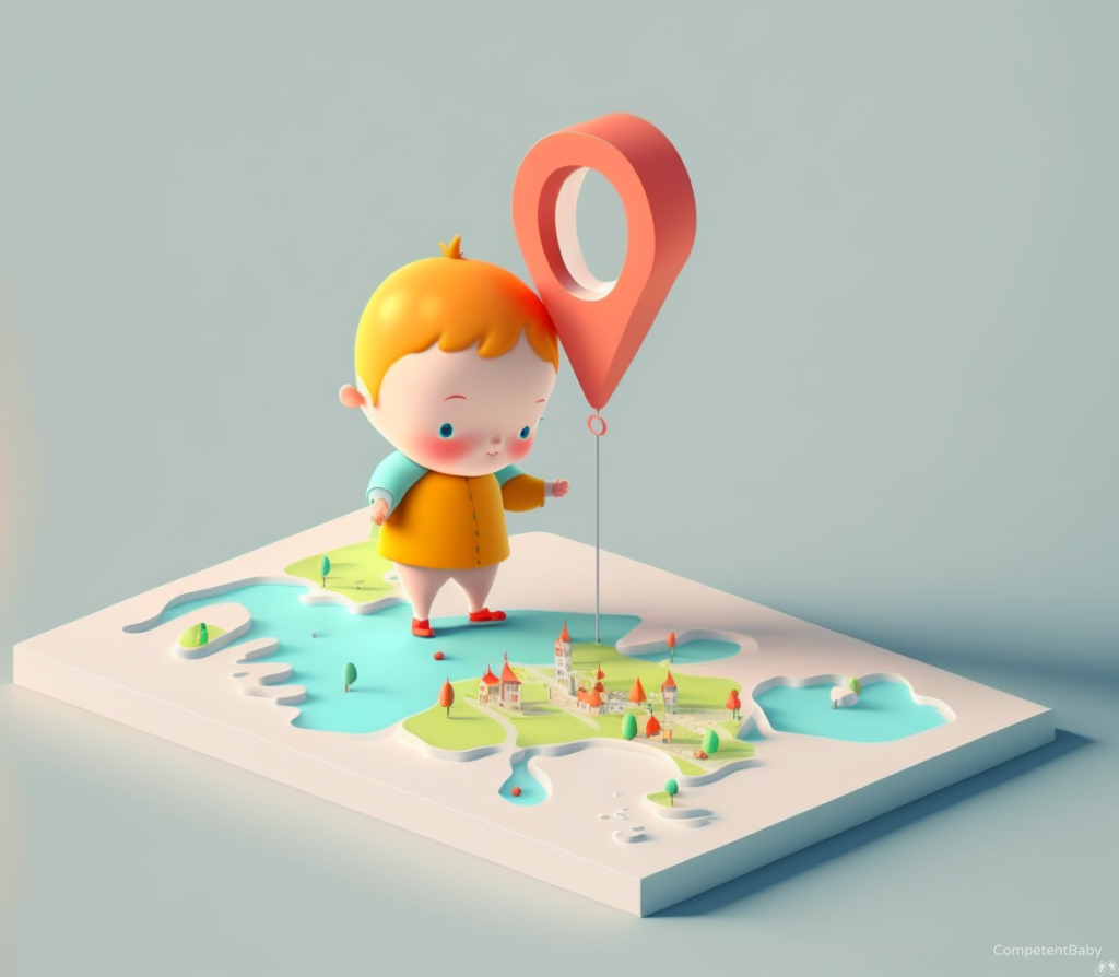 Child standing on map. Map marker showing location.