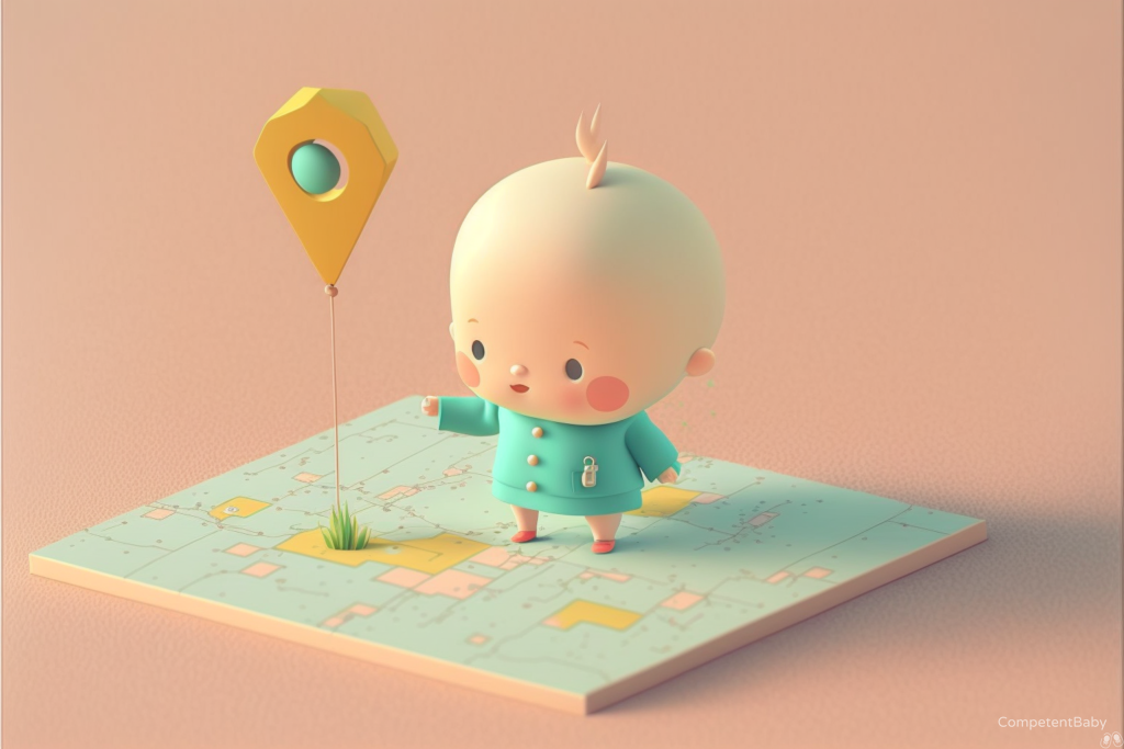 Child standing on map. Map marker showing location.