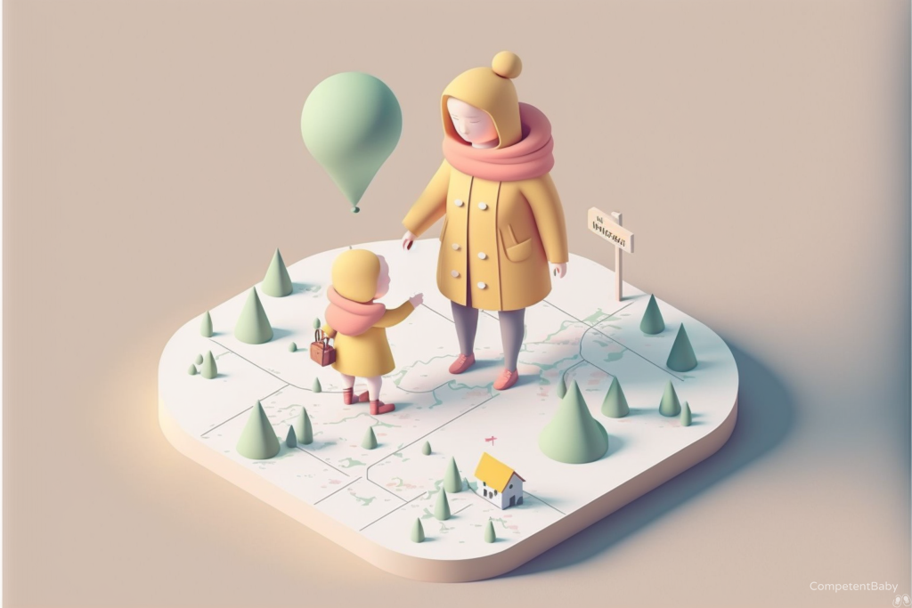 Mother and child standing on map.
