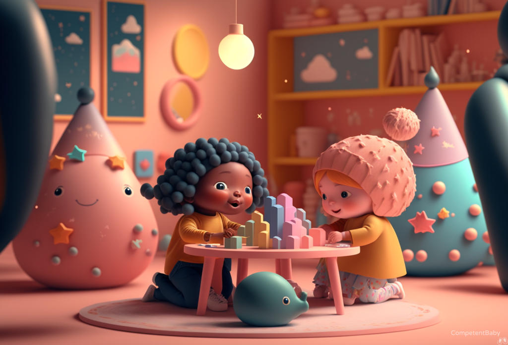 Children playing with blocks in daycare. Montessori illustration.