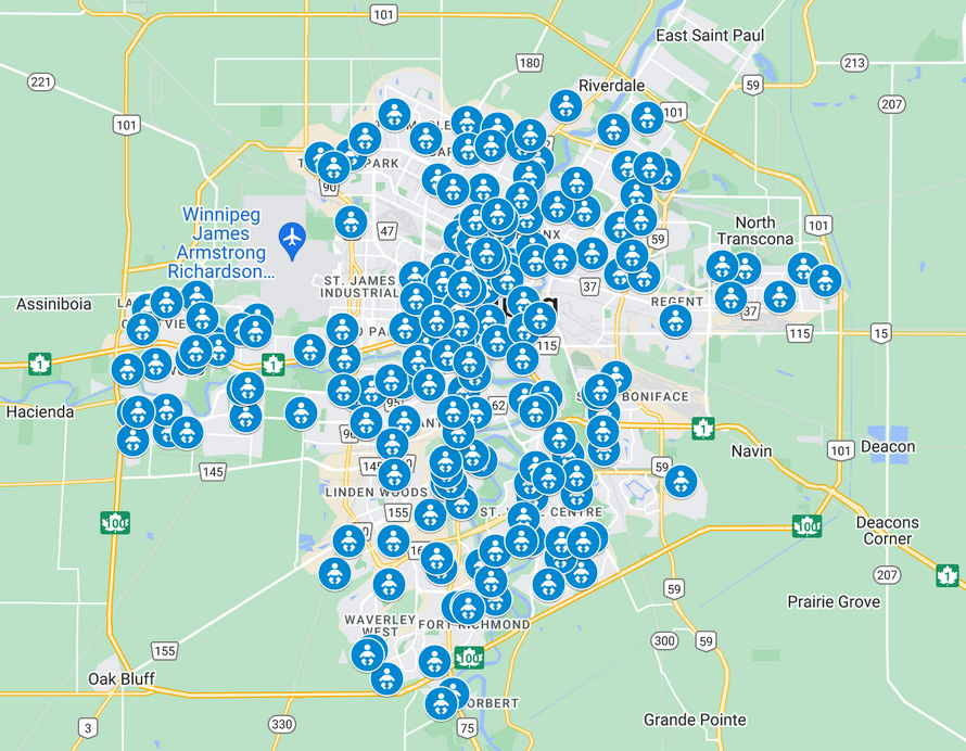 Distribution of daycares included in Winnipeg daycare 2023 study.